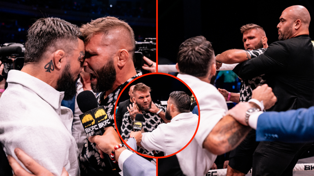 Three security guards restrain Mike Perry from attacking Jeremy Stephens after BKFC stars butt heads Three security guards restrain Mike Perry from attacking Jeremy Stephens after BKFC stars butt heads