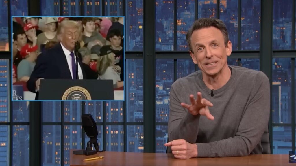 Seth Meyers Shames Trump for Playing ‘Ave Maria’ After Someone Fainted at Rally: ‘Also Shine a White Light in Her Face?’ | Video