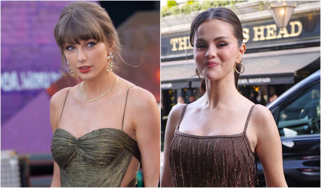 Taylor Swift and Selena Gomez Perfect the Metallic Wedding Guest Dress Formula