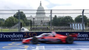 Cars hit the Freedom 250 Grand Prix circuit for the first time in a damp practice session