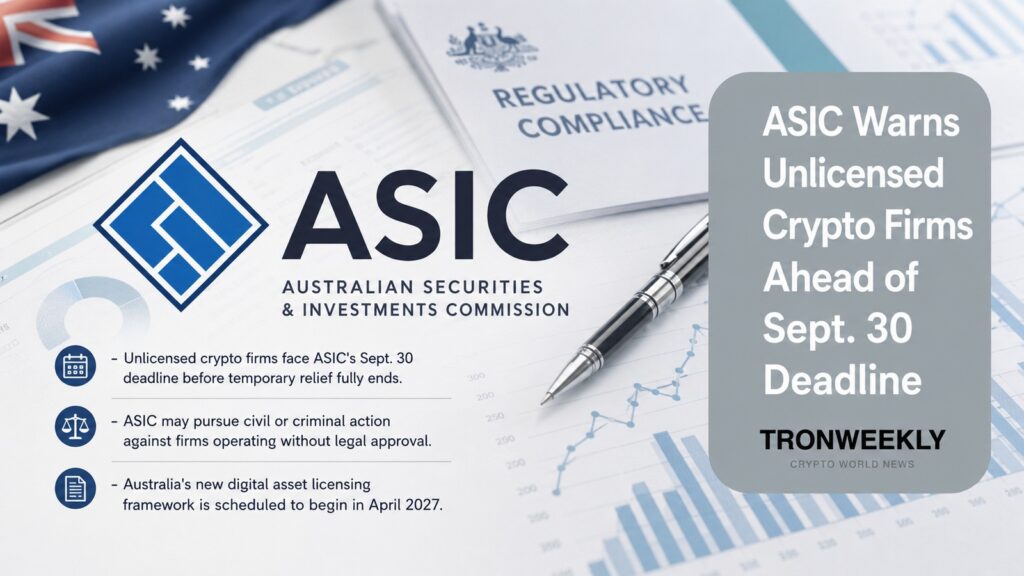 ASIC Warns Unlicenced Crypto Firms Ahead of Sept. 30 Deadline ASIC Warns Unlicenced Crypto Firms Ahead of Sept. 30 Deadline