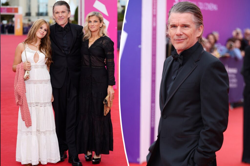 Ethan Hawke makes rare appearance with wife Ryan and teen daughter Indiana