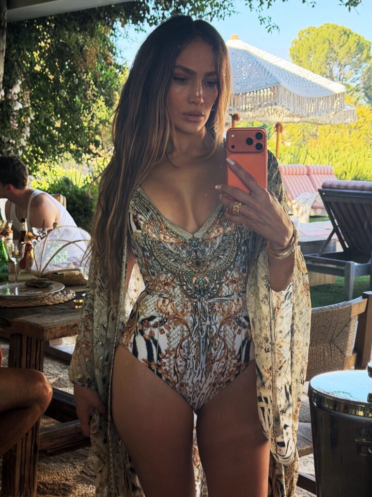 Even Jennifer Lopez’s swimsuit is bedazzled and beaded