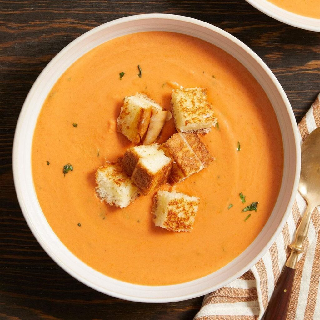 Creamy Sun-Dried Tomato Soup with Grilled Cheese Croutons
